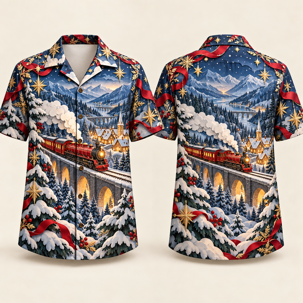Digital mockup: front and back of one AlohaVero Christmas Paper-Cut Winter Railway No Pocket Hawaiian shirt
