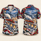 Digital mockup: front and back of one AlohaVero Christmas Paper-Cut Winter Railway No Pocket Hawaiian shirt