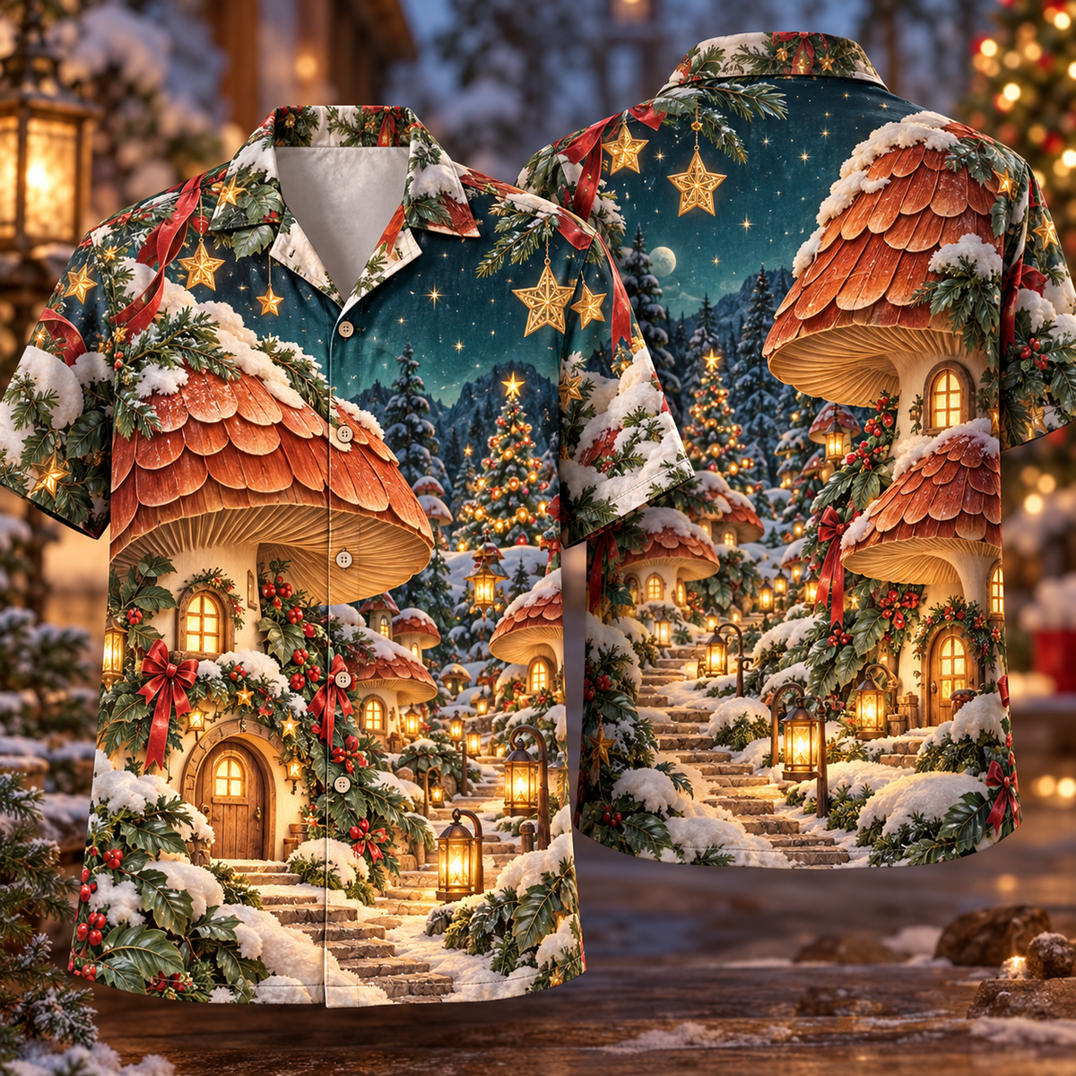 Digital mockup: front and back of one AlohaVero Christmas Paper Engineering Mushroom Village Copper Moss Teal No Pocket Hawaiian shirt
