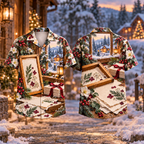 Digital mockup: front and back of one AlohaVero Christmas Papermaker Winter Notes Print No Pocket Hawaiian shirt