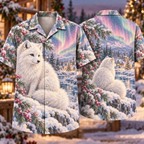 Digital mockup: front and back of one AlohaVero Christmas Pastel Chalk Arctic Fox Village Aurora Sage Rose No Pocket Hawaiian shirt