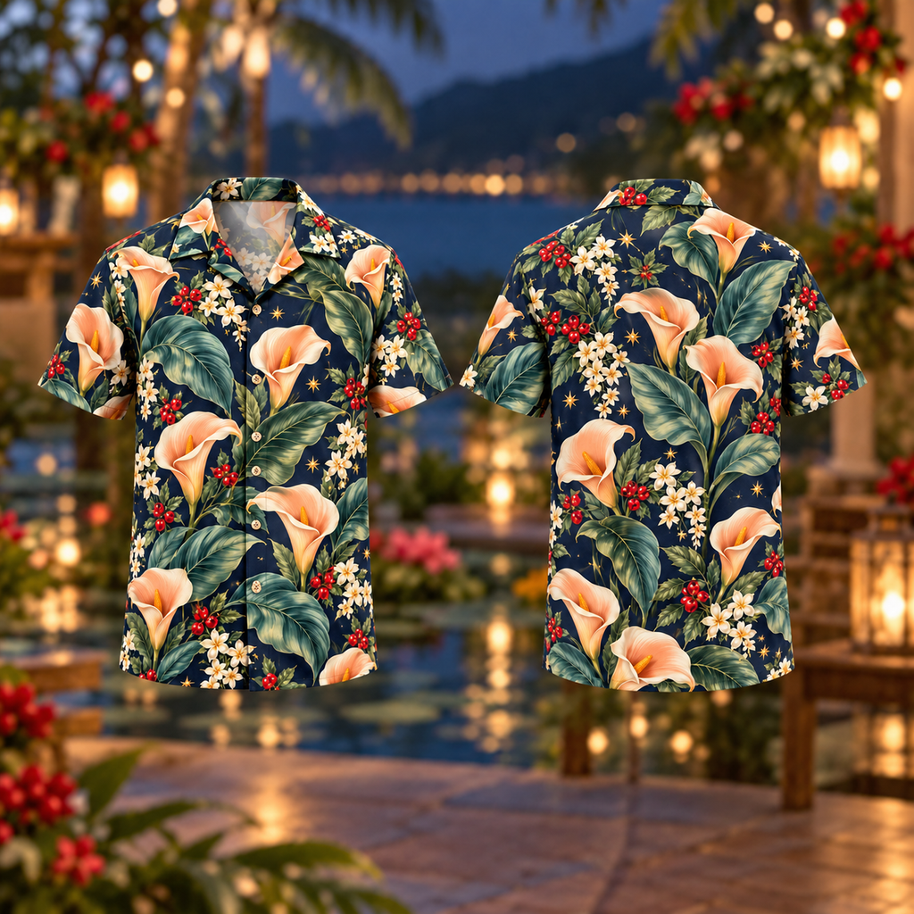 Digital mockup: front and back of one AlohaVero Christmas Peach Calla Navy Aloha No Pocket Hawaiian shirt
