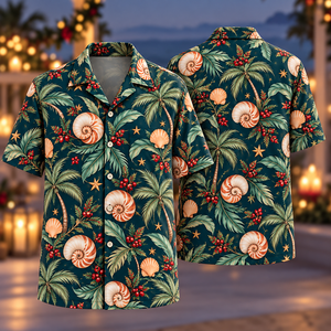 Christmas Peach Nautilus Palm Teal Aloha Hawaiian Shirt