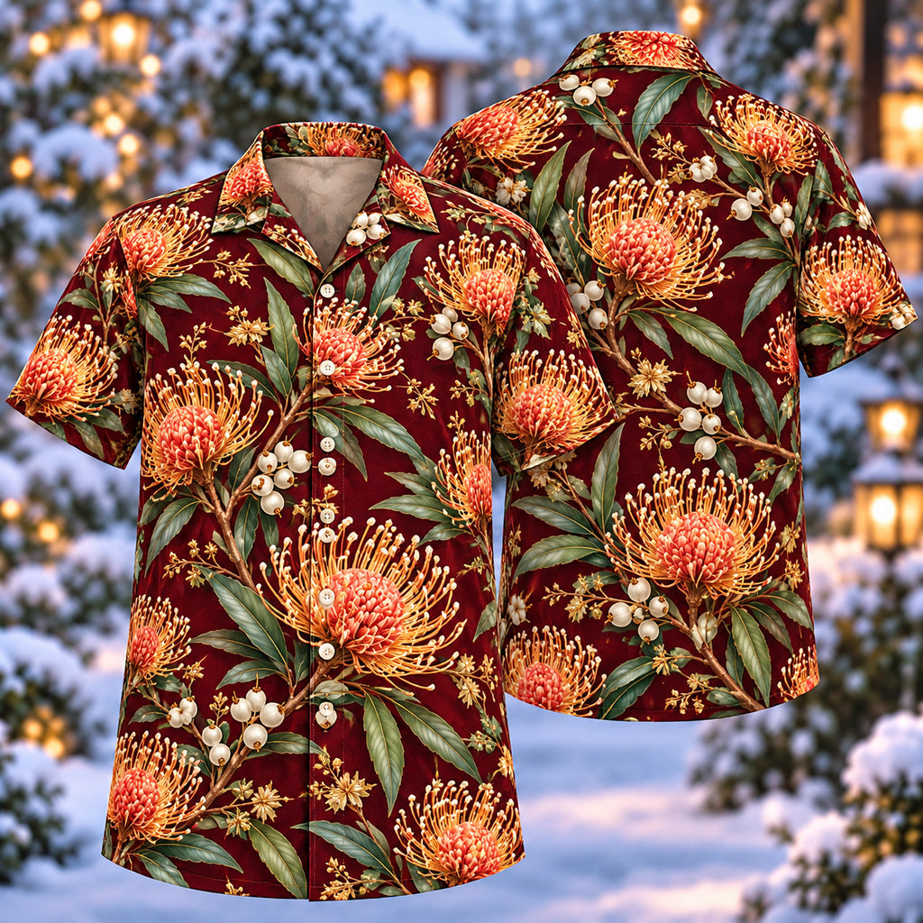 Digital mockup: front and back of one AlohaVero Christmas Peach Pincushion Hakea Wine Aloha No Pocket Hawaiian shirt