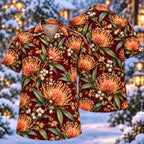 Digital mockup: front and back of one AlohaVero Christmas Peach Pincushion Hakea Wine Aloha No Pocket Hawaiian shirt