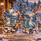 Digital mockup: front and back of one AlohaVero Christmas Pelican Harbor Welcome Print No Pocket Hawaiian shirt