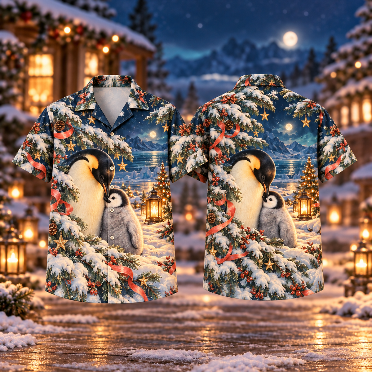 Digital mockup: front and back of one AlohaVero Christmas Penguin Embrace Midnight Coral Ivory No Pocket Hawaiian shirt