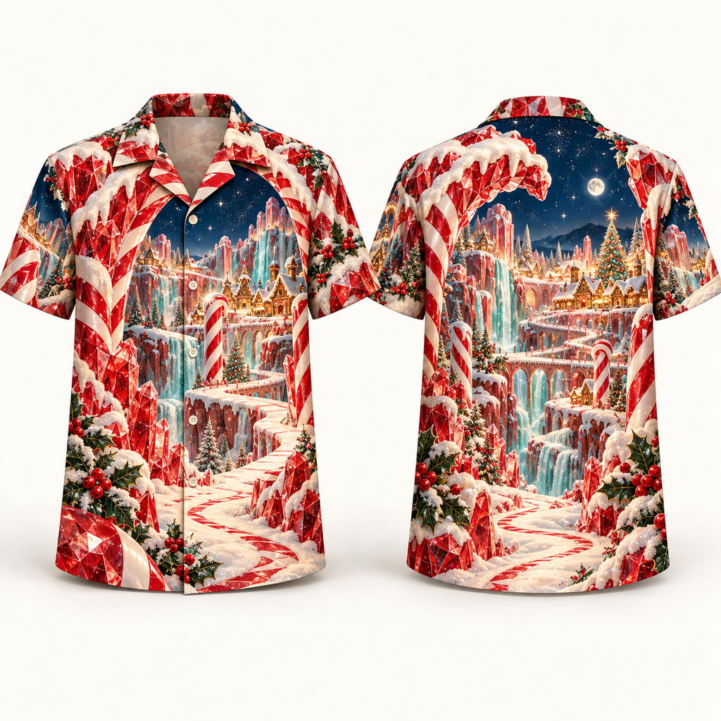 Digital mockup: front and back of one AlohaVero Christmas Peppermint Crystal Candy Canyon No Pocket Hawaiian shirt