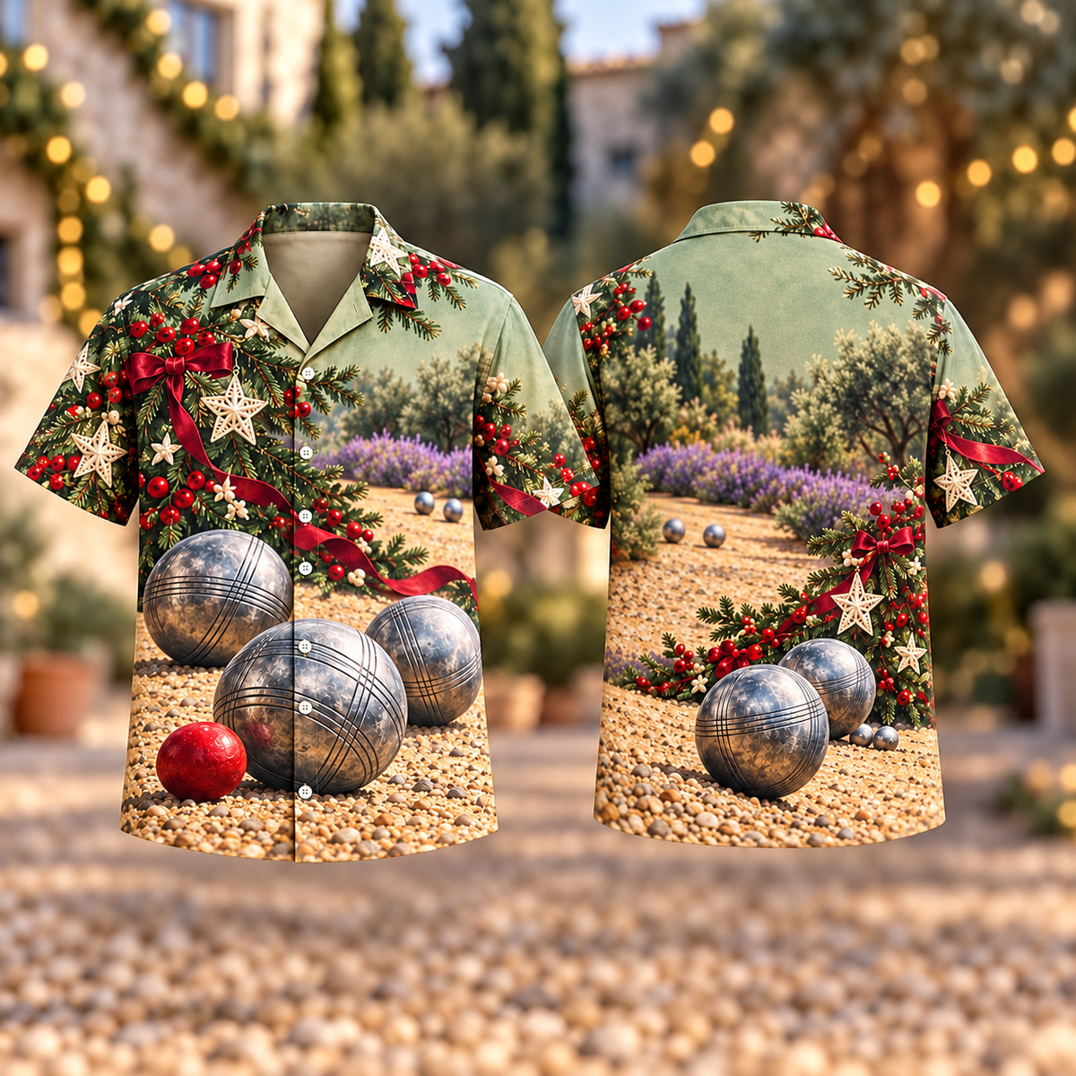 Digital mockup: front and back of one AlohaVero Christmas Petanque Sage Silver Garden No Pocket Hawaiian shirt