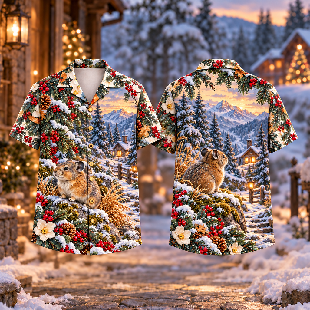 Digital mockup: front and back of one AlohaVero Christmas Pika Alpine Hideaway Print No Pocket Hawaiian shirt