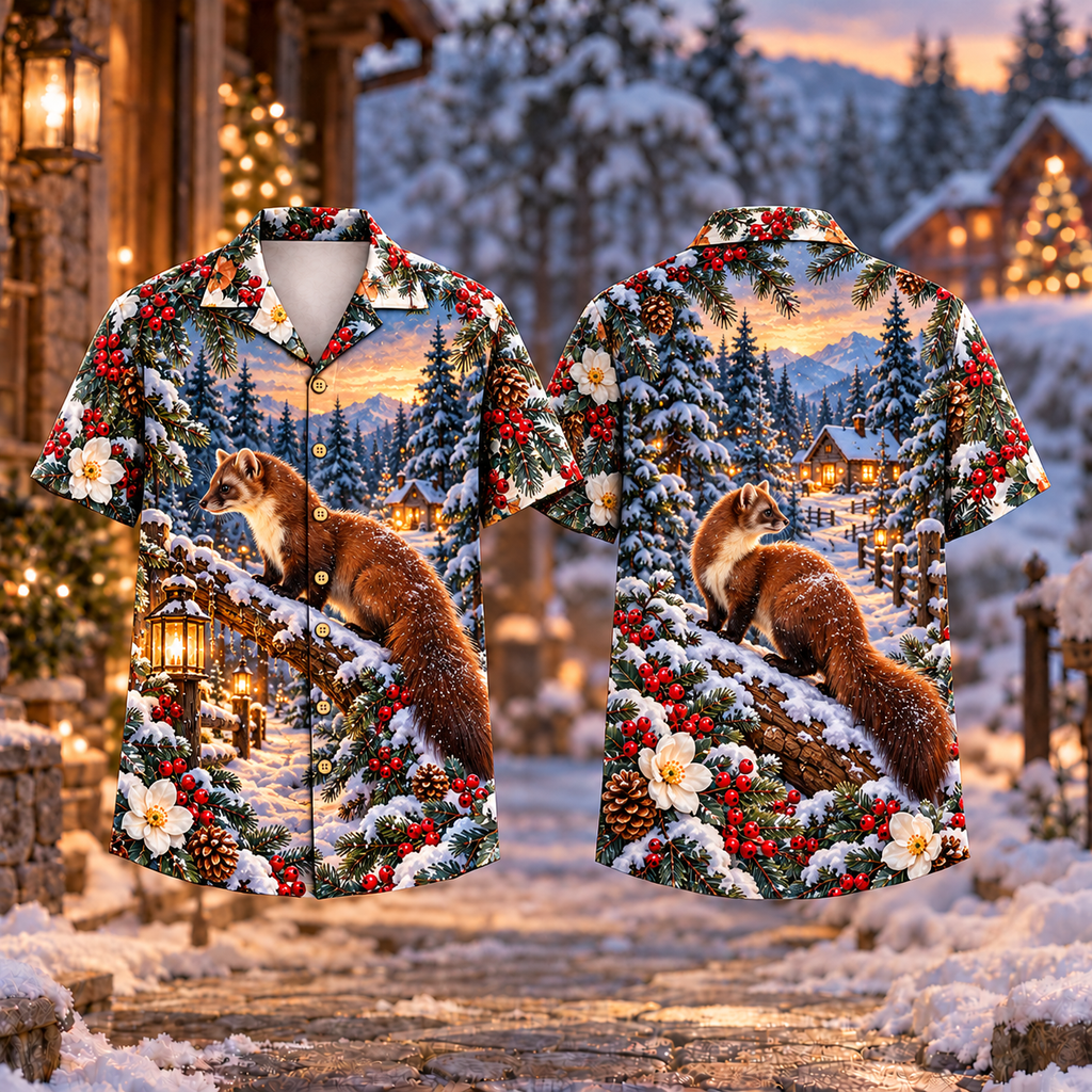 Digital mockup: front and back of one AlohaVero Christmas Pine Marten Lantern Path Print No Pocket Hawaiian shirt