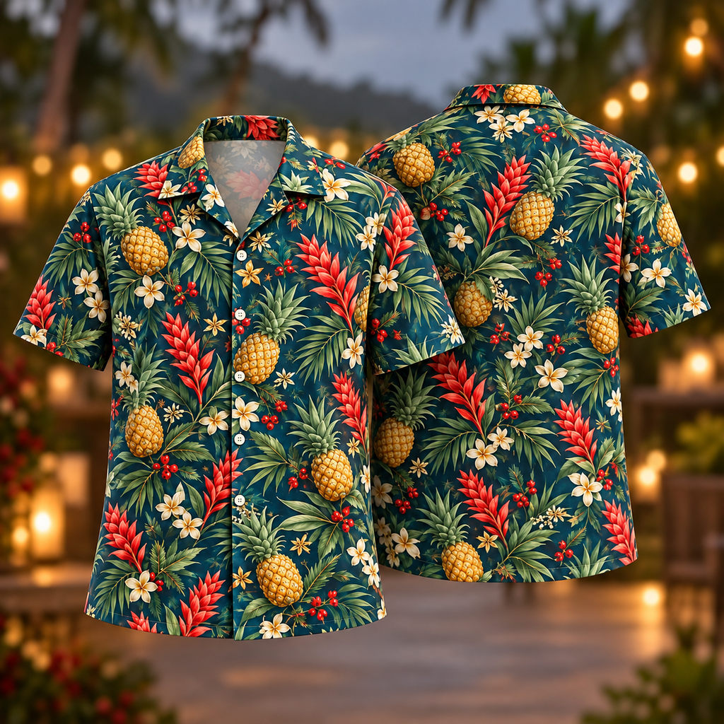 Digital mockup: front and back of one AlohaVero Christmas Pineapple Coral Ginger Petrol Aloha No Pocket Hawaiian shirt