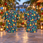 Digital mockup: front and back of one AlohaVero Christmas Pineapple Two Tone Leaf Petrol Aloha No Pocket Hawaiian shirt
