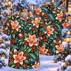Digital mockup: front and back of one AlohaVero Christmas Pink Alstroemeria Petrol Aloha No Pocket Hawaiian shirt