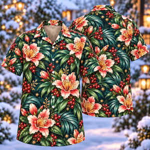 Christmas Pink Alstroemeria Petrol Aloha Hawaiian Shirt
