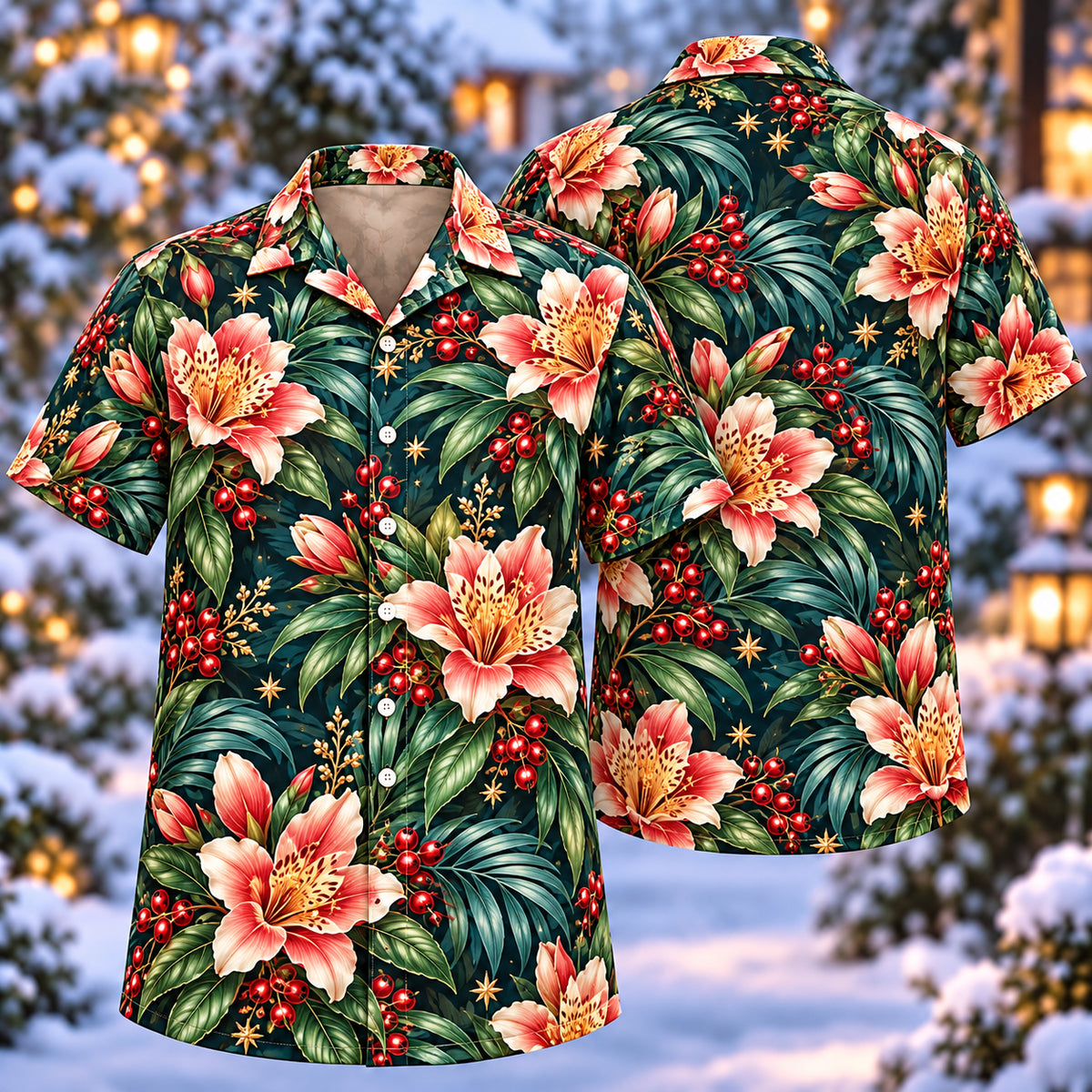 Digital mockup: front and back of one AlohaVero Christmas Pink Alstroemeria Petrol Aloha No Pocket Hawaiian shirt