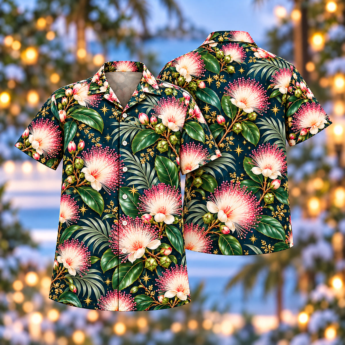 Digital mockup: front and back of one AlohaVero Christmas Pink Barringtonia Navy Aloha No Pocket Hawaiian shirt