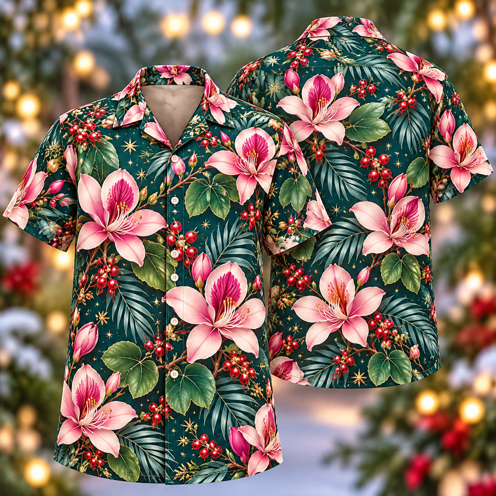 Digital mockup: front and back of one AlohaVero Christmas Pink Bauhinia Teal Aloha No Pocket Hawaiian shirt