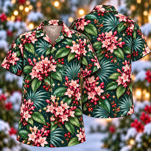 Christmas Pink Blossom Clusters Teal Aloha Hawaiian Shirt