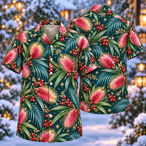 Christmas Pink Callistemon Teal Aloha Hawaiian Shirt