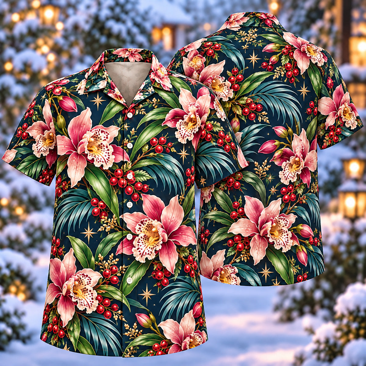 Digital mockup: front and back of one AlohaVero Christmas Pink Cambria Navy Aloha No Pocket Hawaiian shirt