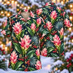 Digital mockup: front and back of one AlohaVero Christmas Pink Curcuma Navy Aloha No Pocket Hawaiian shirt
