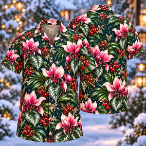 Christmas Pink Cyclamen Petrol Aloha Hawaiian Shirt