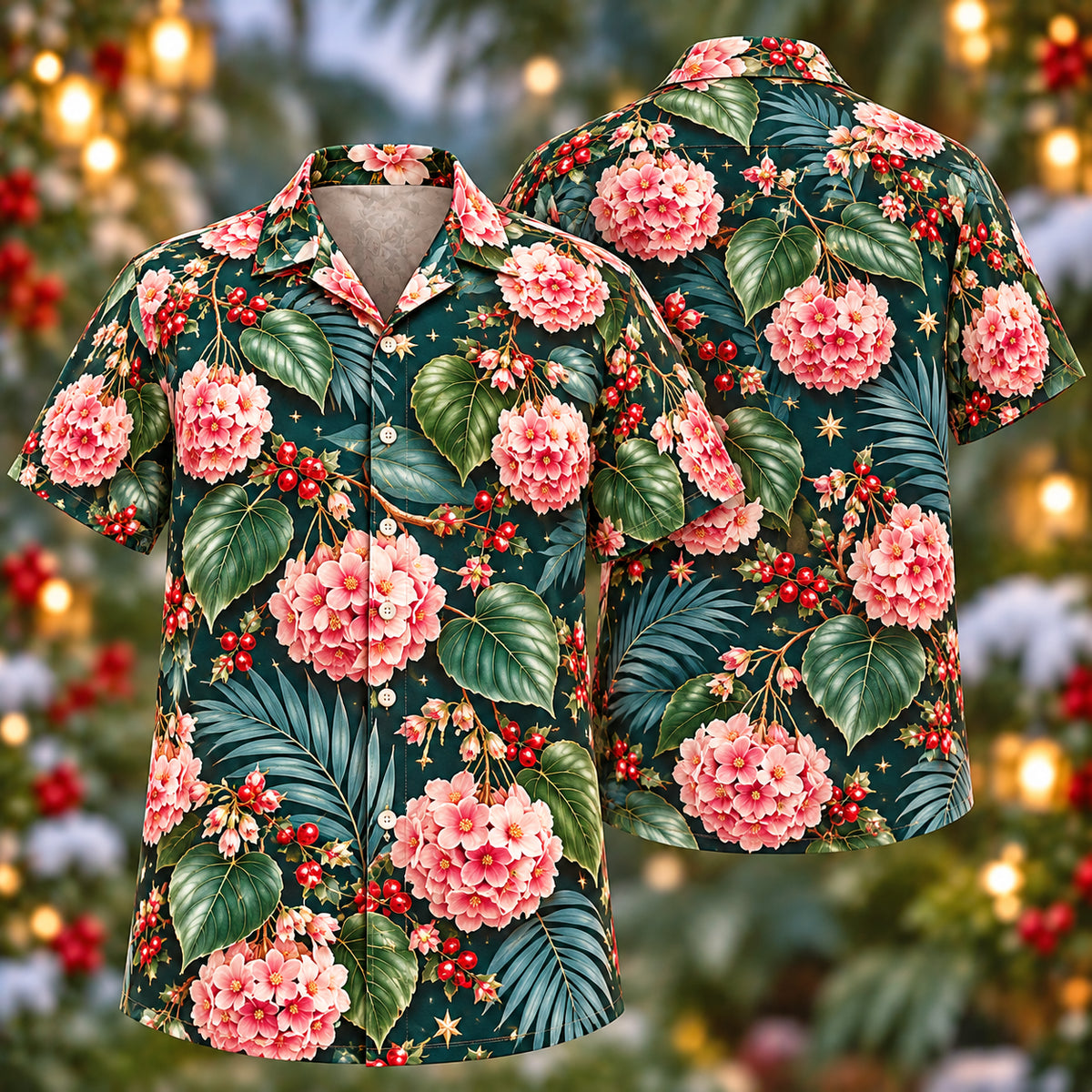 Digital mockup: front and back of one AlohaVero Christmas Pink Dombeya Teal Aloha No Pocket Hawaiian shirt