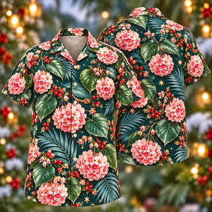 Christmas Pink Dombeya Teal Aloha Hawaiian Shirt