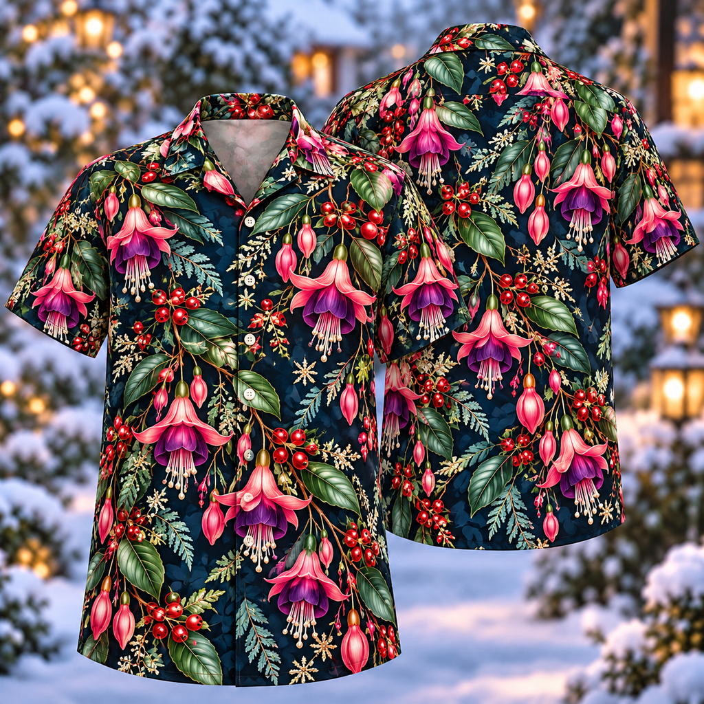 Digital mockup: front and back of one AlohaVero Christmas Pink Fuchsia Navy Aloha No Pocket Hawaiian shirt