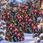 Digital mockup: front and back of one AlohaVero Christmas Pink Fuchsia Navy Aloha No Pocket Hawaiian shirt
