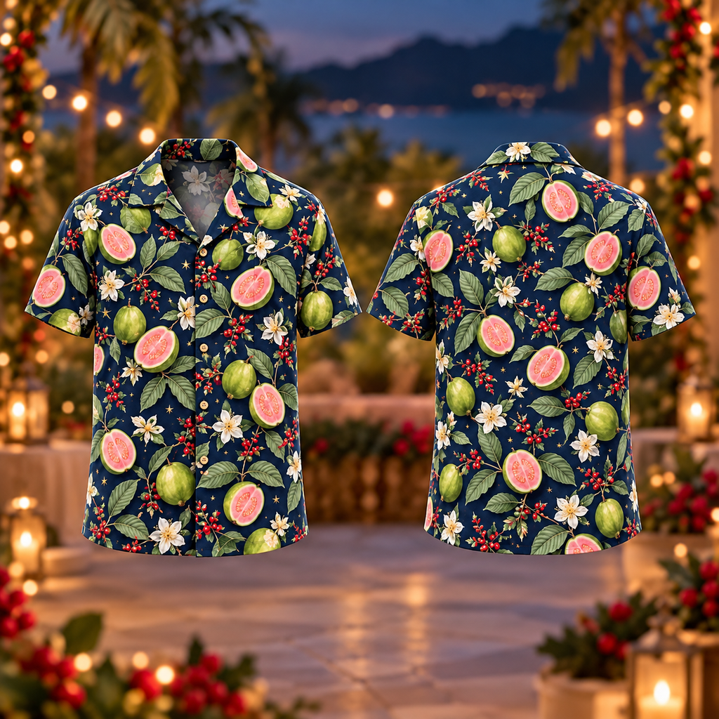 Digital mockup: front and back of one AlohaVero Christmas Pink Guava Leaf Navy Aloha No Pocket Hawaiian shirt