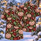 Digital mockup: front and back of one AlohaVero Christmas Pink Hoya Wine Aloha No Pocket Hawaiian shirt