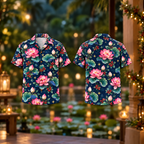 Digital mockup: front and back of one AlohaVero Christmas Pink Lotus Ink Blue Aloha No Pocket Hawaiian shirt