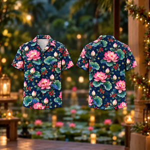 Christmas Pink Lotus Ink Blue Aloha Hawaiian Shirt