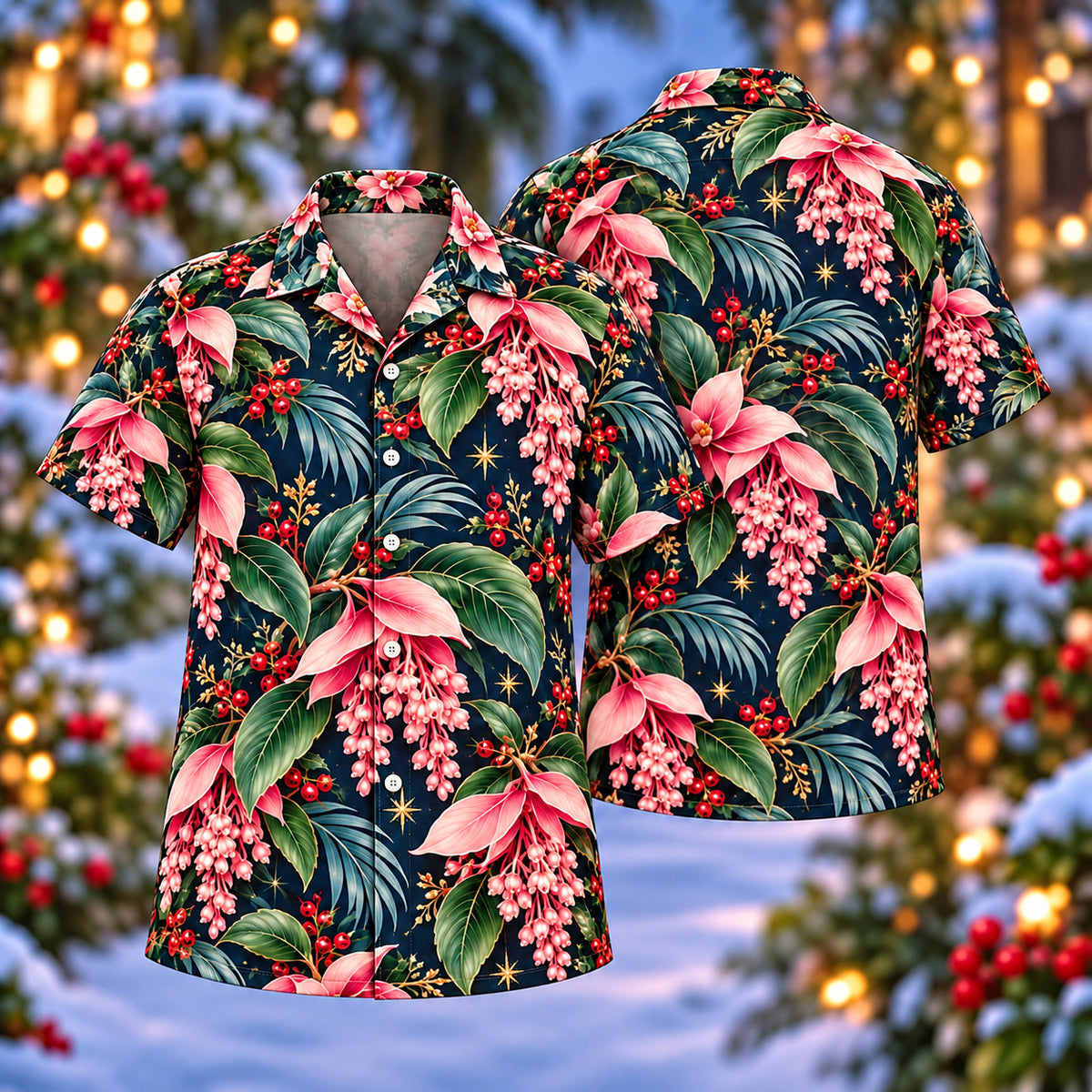 Digital mockup: front and back of one AlohaVero Christmas Pink Medinilla Navy Aloha No Pocket Hawaiian shirt