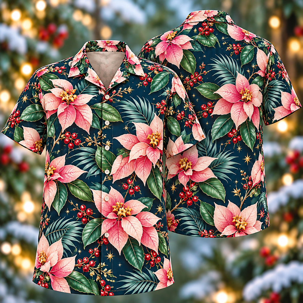 Digital mockup: front and back of one AlohaVero Christmas Pink Mussaenda Indigo Aloha No Pocket Hawaiian shirt