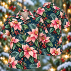 Digital mockup: front and back of one AlohaVero Christmas Pink Mussaenda Indigo Aloha No Pocket Hawaiian shirt