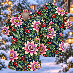 Christmas Pink Passionflower Navy Aloha Hawaiian Shirt