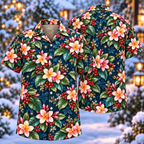 Digital mockup: front and back of one AlohaVero Christmas Pink Plumeria Sapphire Aloha No Pocket Hawaiian shirt