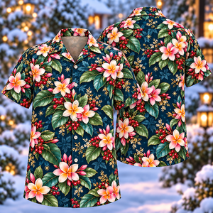 Christmas Pink Plumeria Sapphire Aloha Hawaiian Shirt