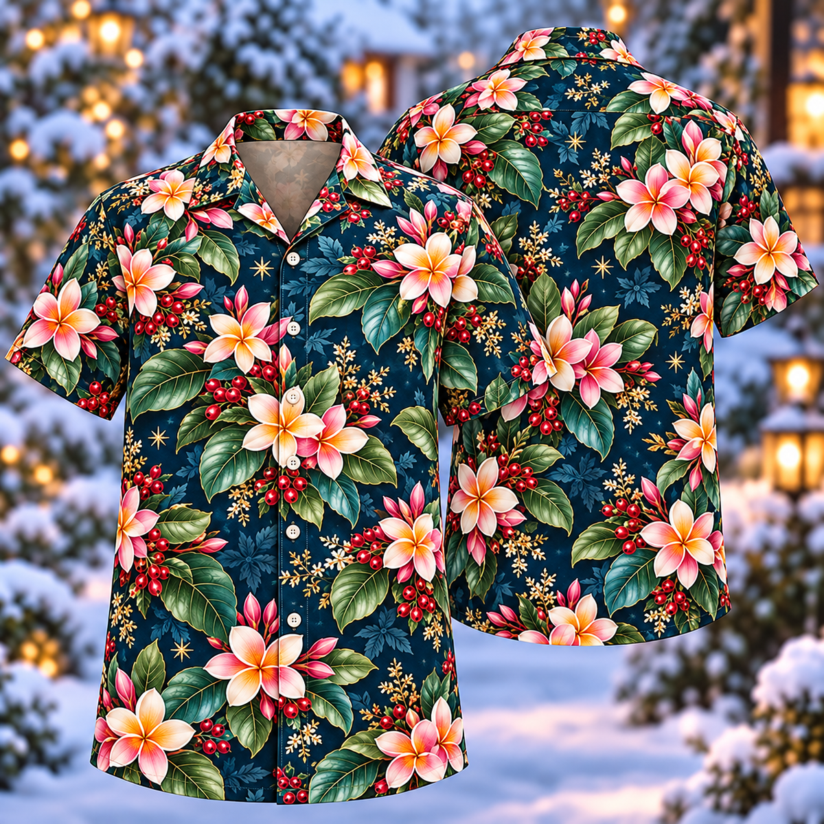 Digital mockup: front and back of one AlohaVero Christmas Pink Plumeria Sapphire Aloha No Pocket Hawaiian shirt