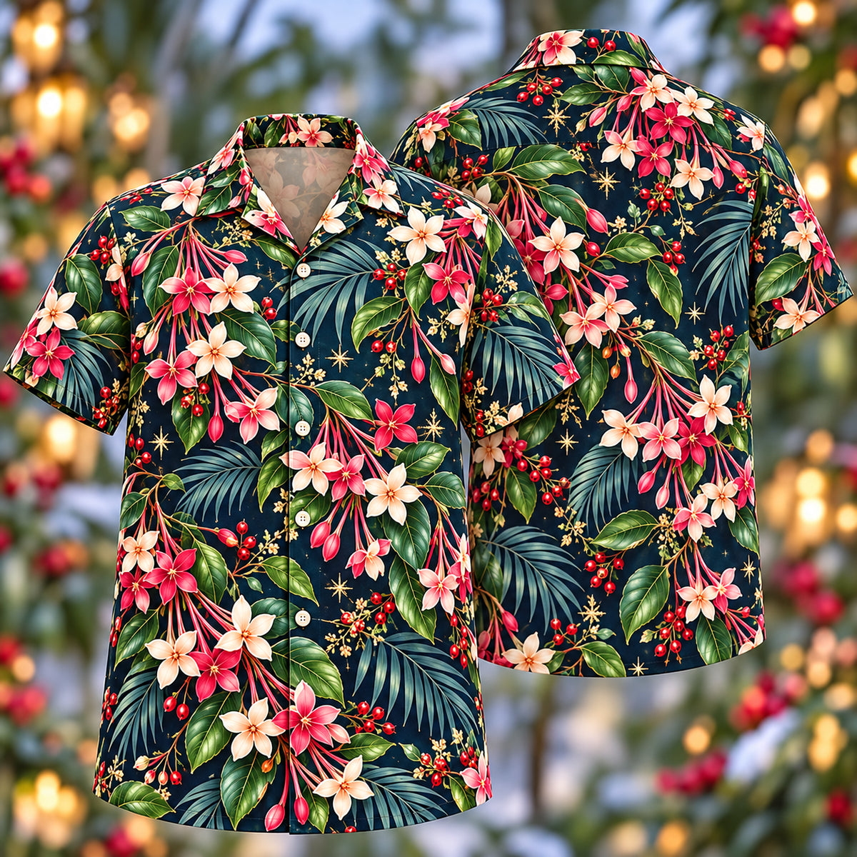 Digital mockup: front and back of one AlohaVero Christmas Pink Rangoon Creeper Navy Aloha No Pocket Hawaiian shirt