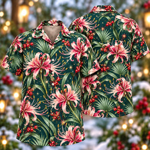 Christmas Pink Spider Lily Teal Aloha Hawaiian Shirt