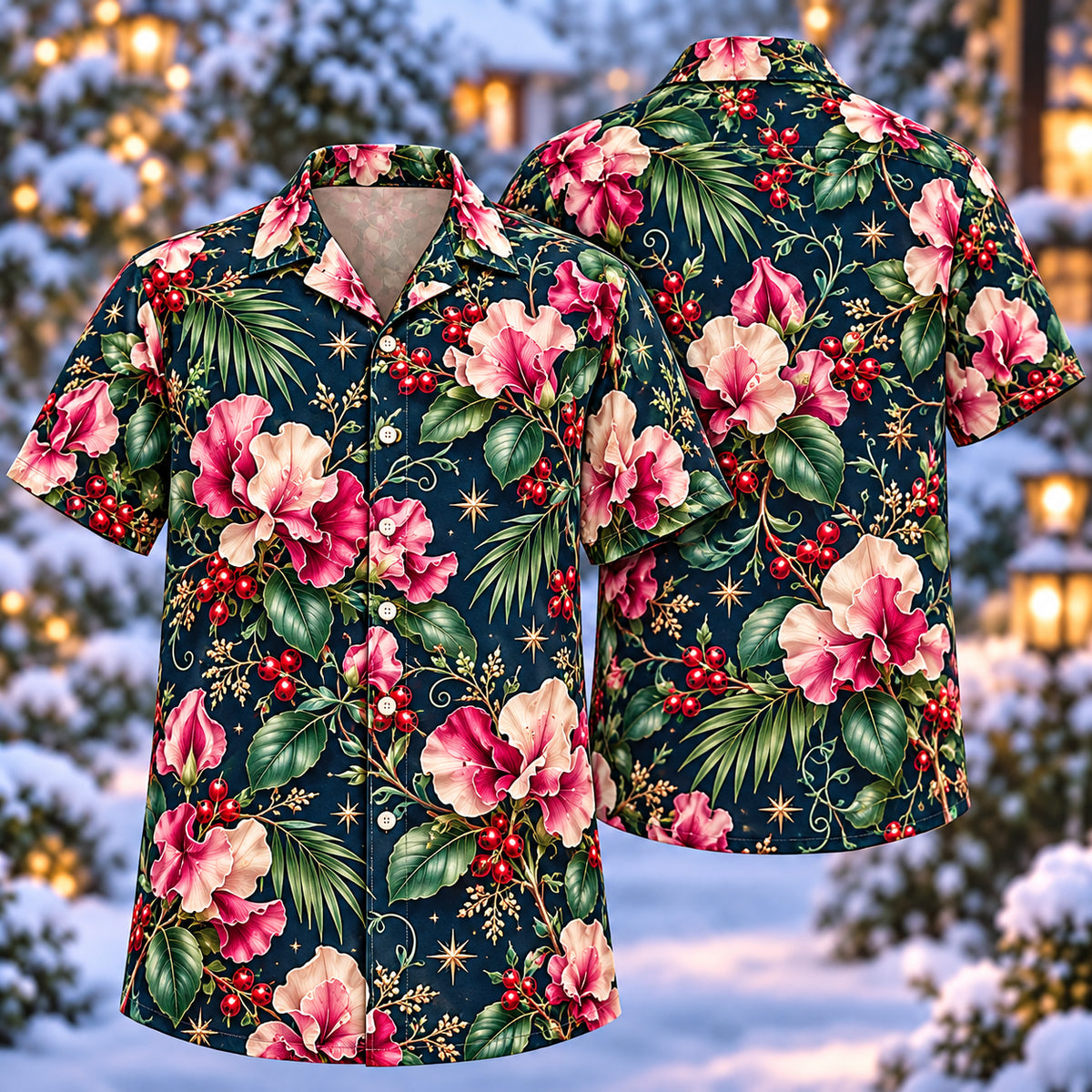 Digital mockup: front and back of one AlohaVero Christmas Pink Sweet Pea Navy Aloha No Pocket Hawaiian shirt