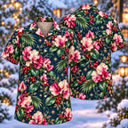 Digital mockup: front and back of one AlohaVero Christmas Pink Sweet Pea Navy Aloha No Pocket Hawaiian shirt