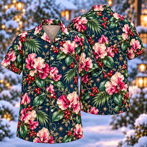 Christmas Pink Sweet Pea Navy Aloha Hawaiian Shirt