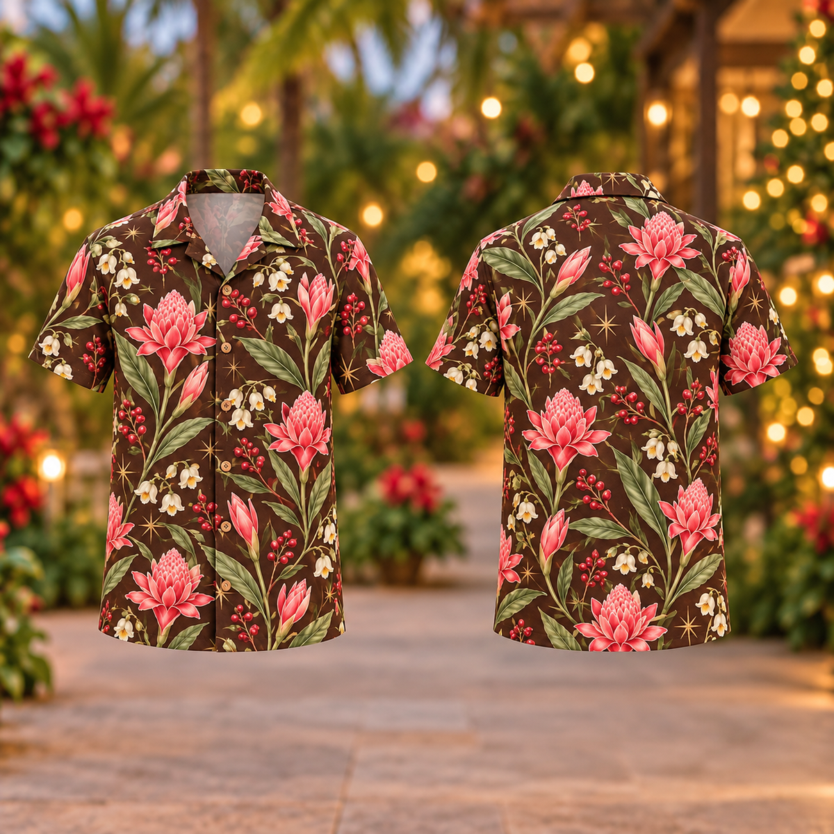 Digital mockup: front and back of one AlohaVero Christmas Pink Torch Ginger Cocoa Aloha No Pocket Hawaiian shirt