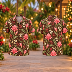 Digital mockup: front and back of one AlohaVero Christmas Pink Torch Ginger Cocoa Aloha No Pocket Hawaiian shirt