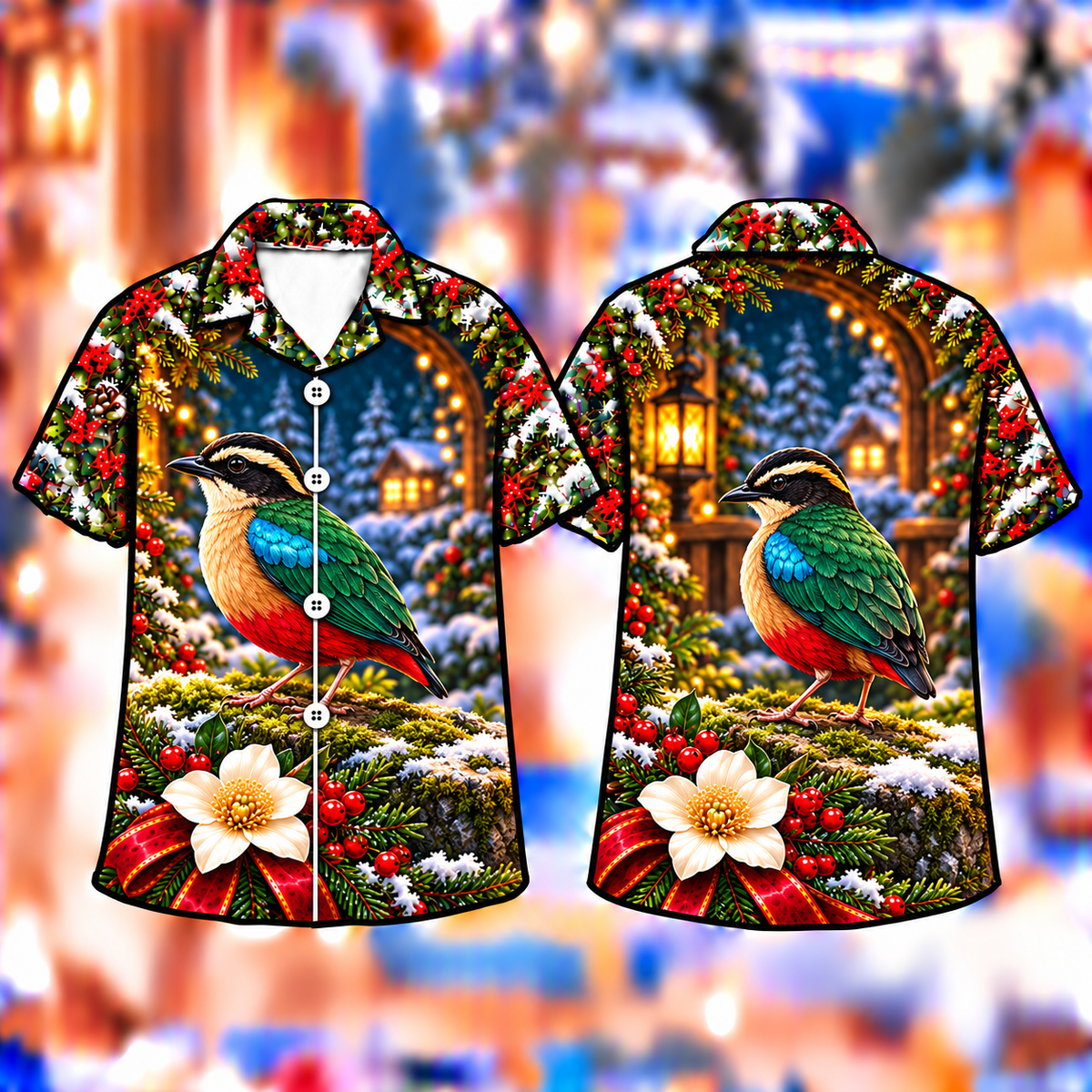 Digital mockup: front and back of one AlohaVero Christmas Pitta Lantern Moss Garden Print No Pocket Hawaiian shirt